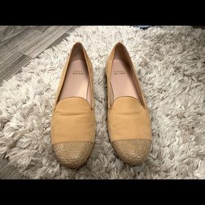 Stuart Weitzman Suede Tan Gold Studded Round Toe Ballet Flats